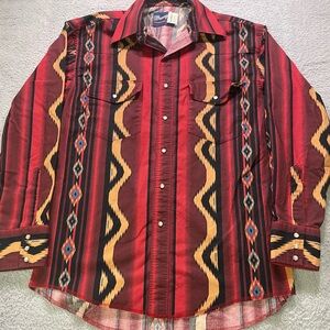 Vtg 90’s Wrangler Western Wear Aztec Print Men’s Large Long Tail Pearl Snap